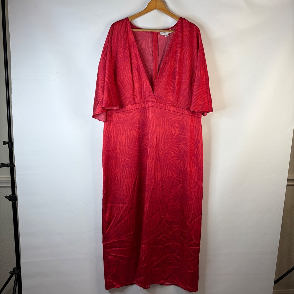 Noel Maxi Dress Women Size 20 Red Tropical Fern Jacquard Flutter Sleeve V-Neck